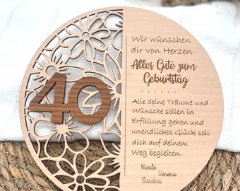 Personalized wooden gift for milestone birthdays. 60th birthday gift. 50th birthday gift. 40th birthday gift with engraved flowers. Engraved sign.