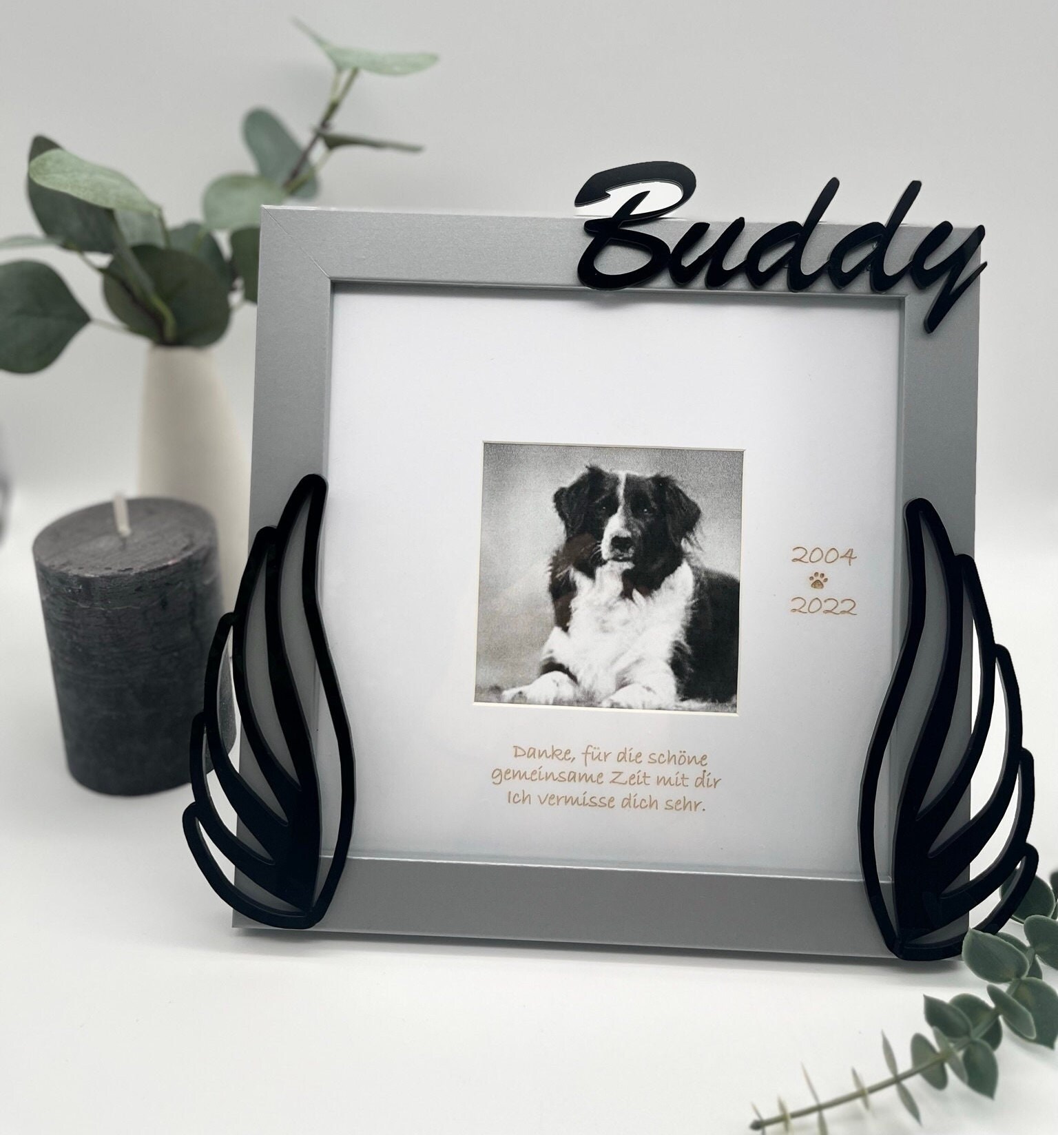Gedenk-Bilderrahmen Für Haustiere (Hund, Katze) - 10x15 Cm Foto, Holz & Eisen, Geschenkidee