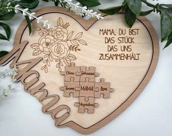 Mutter Geschenk Muttertag Holz. Geburtstagsgeschenk Mama Puzzle. Geschenk Mama personalisiert. Schild mit Namen und Gravur Blumen.