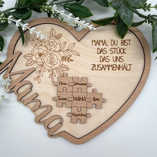 Mutter Geschenk Muttertag Holz. Geburtstagsgeschenk Mama Puzzle. Geschenk Mama personalisiert. Schild mit Namen und Gravur Blumen.