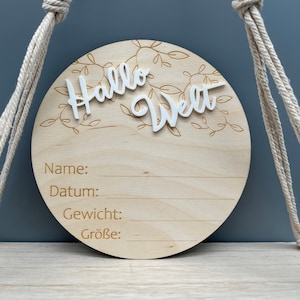 Geburtsanzeige selber ausfüllen. Geburtstafel Holz ausfüllbar. Geburtsschild Holz Acryl. Babyfoto Tafel Blätter. Neugeborenen Fotorequisite