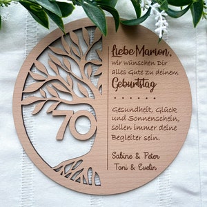 Geschenk runder Geburtstag. Lebensbaum Holz mit Wunschtext. Geburtstag