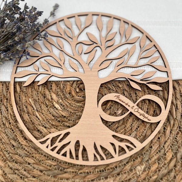 Wooden wedding gift with engraving. Cash gift. Tree of life with name. Bridal table decoration. Wedding decoration. Infinity sign