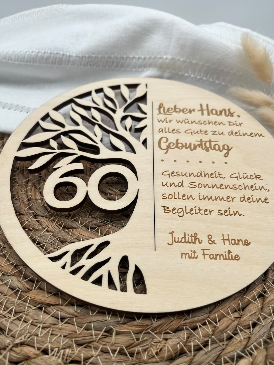 Geschenk runder Geburtstag. Lebensbaum Holz mit Wunschtext. Geburtstag