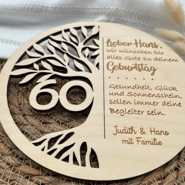 Geschenk runder Geburtstag. Lebensbaum Holz mit Wunschtext. Geburtstag 60. Geschenk 50. Geschenk 40. Baum des Lebens personalisiert