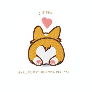Könnte beinhalten: Stickdatei mit dem Hintern eines Corgis und einem rosa Herz darüber. Das Design ist in zwei Größen erhältlich und in den Formaten EXP, JEF, DST, HUS, VP3, PES und XXX verfügbar.