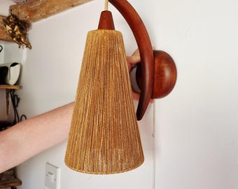 Teak Temde Leuchten Wall Lamp with Sisal Shade, 50's Mid-Century Sconce, Danish Scandi Style