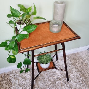 Vintage Bamboo Side Table Hall Table 2 Tier Orange Brown Bedside Plant Table Boho Tiki Mid Century Style