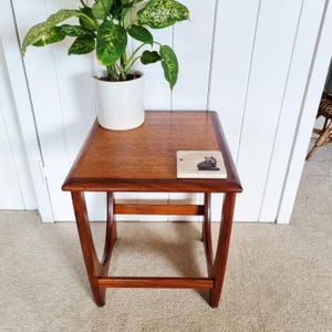 May include: A square wooden side table with a warm brown finish and curved legs. A white ceramic pot containing a green leafy plant sits on the surface next to a small, square, light-coloured stone coaster featuring a black graphic of a cat.