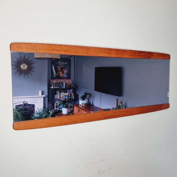 Vintage Mid-Century Teak Frame Wall Mirror Long Rectangular Danish Scandi Retro style 97 cm