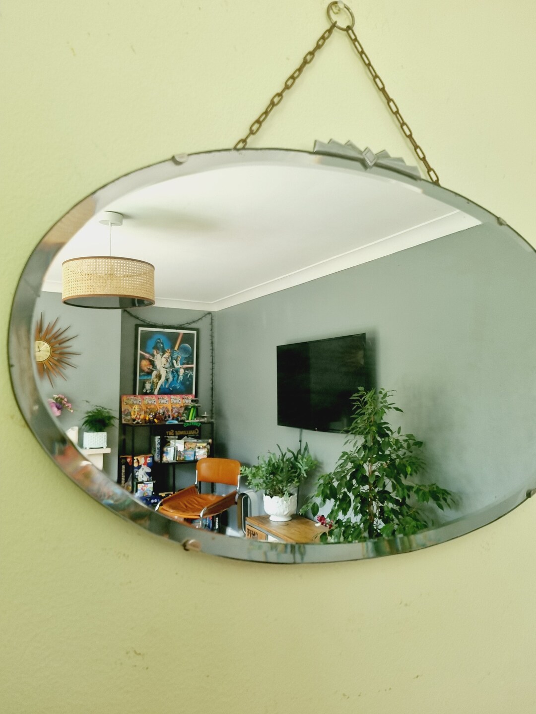 Antique Art Deco Wall Mirror Frameless Metal Crest Bevelled Etsy