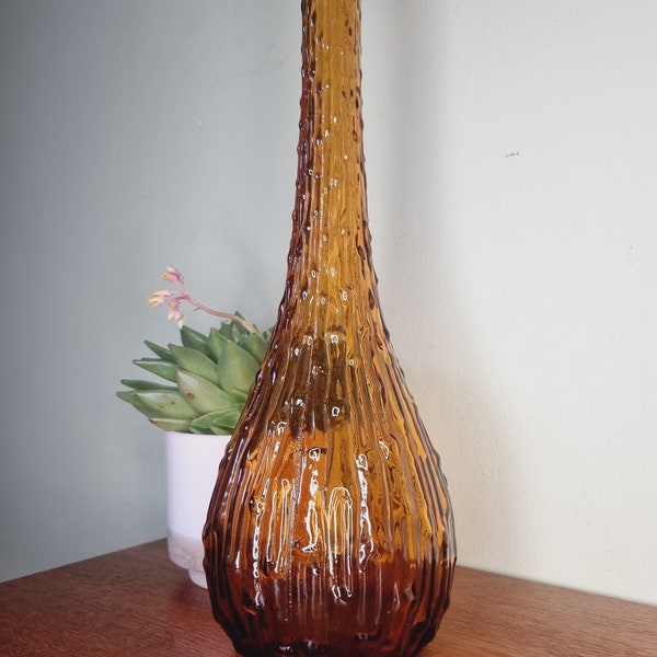 Vintage 60s Empoli Italian Glass Genie Bottle Wax Drip Pattern Brown NO Stopper 40 Cm / Mid Century Glass Vase