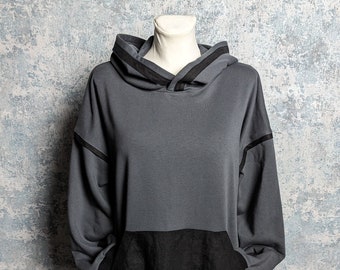 Unisex oversize gray color hoodie with black natural linen details
