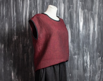 Casual loose red melange blouse for woman from natural Stonewashed Linen which meets OEKO-TEX standard.