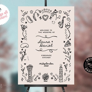 Modello SEGNO DI BENVENUTO CHICAGO / matrimonio, addio al nubilato, cartello per festa di compleanno / doodle disegnato a mano / scritto a mano / 0033