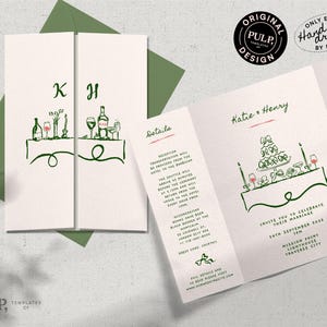 Könnte beinhalten: Eine grüne und weiße Hochzeitseinladung mit einer handgezeichneten Illustration eines gedeckten Tisches mit Weingläsern, Flaschen und Kerzen. Die Einladung enthält die Namen des Paares, Katie und Henry, das Datum und den Ort. Der Text "PULP, TEMPLATES" befindet sich am unteren Rand der Einladung.