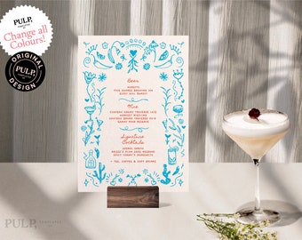 Plantilla de menú de bar y bebidas / Menú de boda caprichoso, ilustrado con garabatos dibujados y escritos a mano, de inspiración mexicana / Digital imprimible /033