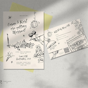 Puede incluir: Juego de invitaciones de boda en blanco y negro con ilustraciones dibujadas a mano. La invitación principal dice "Corine & Karl are getting Married!" con detalles del evento. Incluye una tarjeta RSVP con un diseño de cinta de cassette y un código QR.