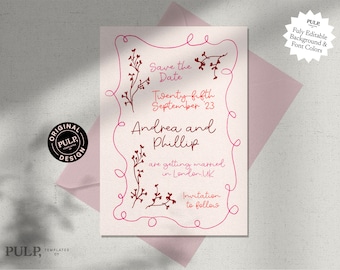 May include: A save the date card with a pink background and a white border. The text reads "Save the Date" in a pink font. The date is "Twenty-fifth September 23" in a red font. The names "Andrea and Phillip" are written in a red font. The text "are getting married in London, UK" is in a red font. The text "Invitation to follow" is in a red font.