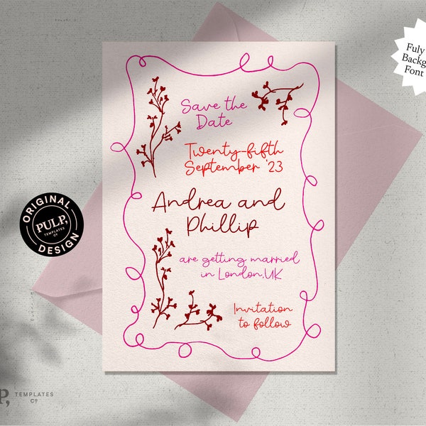 Modèle SAVE THE DATE | Invitation florale manuscrite et dessinée à la main | Invitation colorée à la mode | Bord ondulé | Téléchargement imprimable |0028