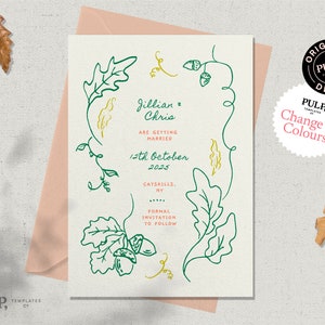 May include: A wedding invitation featuring a green and gold leafy design. The text reads "Jillian & Chris are getting married 12th October 2025 Catskills, NY Formal Invitation to Follow."