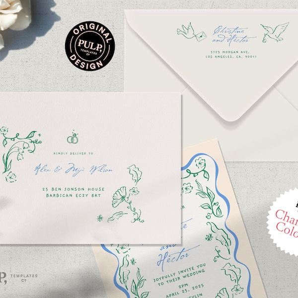 PRINTABLE ENVELOPE ADDRESS template | whimsical hand drawn illustration | wedding party invite | floral wedding | 0046