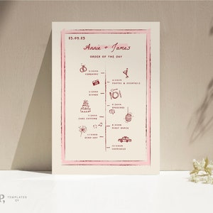 ORDER of EVENTS TEMPLATE | wedding timeline sign A4 or 8x10in  | order of the day | retro handwritten and hand drawn icons | pink | 0031