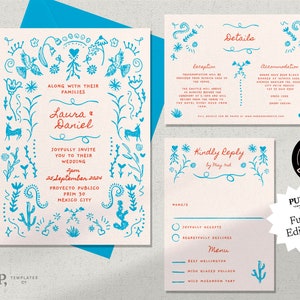 WEDDING INVITATION SET Template | destination wedding | mexican inspired invite | colorful hand drawn illustrations |  handwritten | 0033