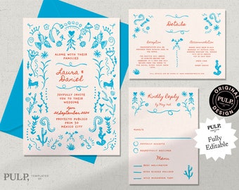 WEDDING INVITATION SET Template | destination wedding | mexican inspired invite | colorful hand drawn illustrations |  handwritten | 0033