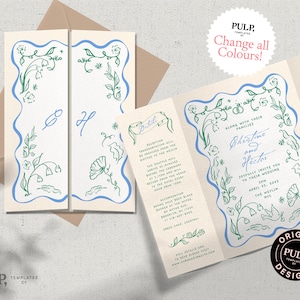HOCHZEITSEINLADUNGSVORLAGE | Schnapper falten | handgezeichnete romantische Blumenillustrationen & handgeschriebene |bunte, lustige, skurrile | Zeitleiste | 0046