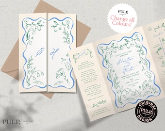 WEDDING INVITATION TEMPLATE | gate fold | hand drawn romantic floral illustrations & handwritten |colorful, fun, whimsical | timeline | 0046