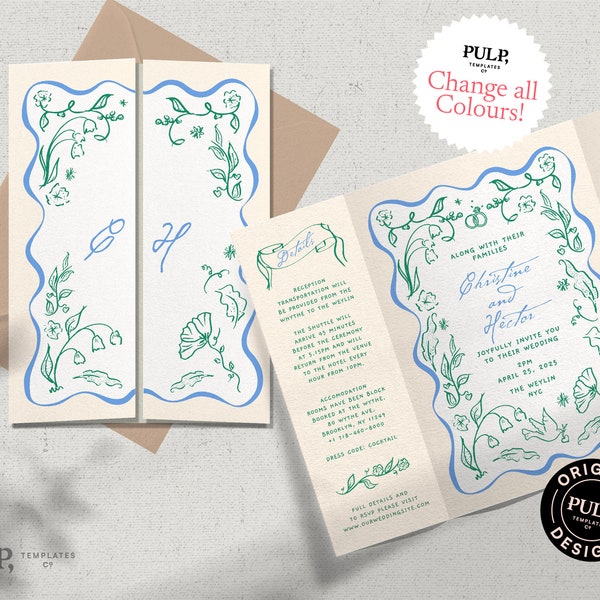 WEDDING INVITATION TEMPLATE | gate fold | hand drawn romantic floral illustrations & handwritten |colorful, fun, whimsical | timeline | 0046