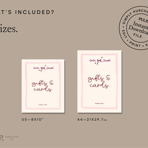 Pode incluir: Dois modelos de cartazes imprim&iacute;veis para presentes e cart&otilde;es em rosa e branco com o texto "presentes e cart&otilde;es" em marrom. Os cartazes est&atilde;o dispon&iacute;veis em dois tamanhos: US Letter (8,5 x 11 polegadas) e A4 (21 x 29,7 cm).
