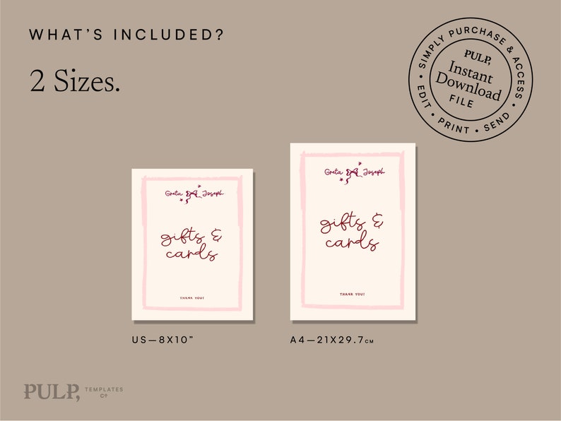 Pode incluir: Dois modelos de cartazes imprim&iacute;veis para presentes e cart&otilde;es em rosa e branco com o texto "presentes e cart&otilde;es" em marrom. Os cartazes est&atilde;o dispon&iacute;veis em dois tamanhos: US Letter (8,5 x 11 polegadas) e A4 (21 x 29,7 cm).