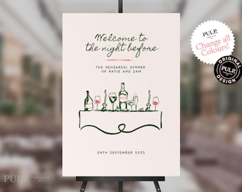 REHEARSAL DINNER WELCOME Schild Vorlage | Dinner-Party | Hochzeitsprobe | wunderlich, funky, von Hand gezeichnet, handgeschrieben | Herunterladen | 0035