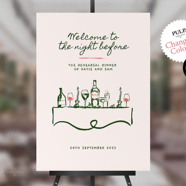 REHEARSAL DINNER WELCOME sign template | dinner party | wedding rehearsal | whimsical, funky, hand drawn, handwritten | download | 0035