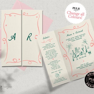 WEDDING INVITATION TEMPLATE | gate fold | hand drawn fun whimsical illustrations | timeline | 0030