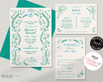 WEDDING INVITATION SET Template | destination wedding | forest, mountains, nature inspired invite | colorful hand drawn illustrations | 0033