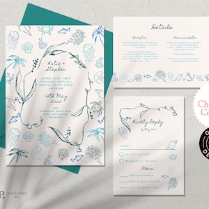 WEDDING INVITATION SET Template | destination coastal beach inspired invite | colorful hand drawn illustrations |  handwritten | 0045