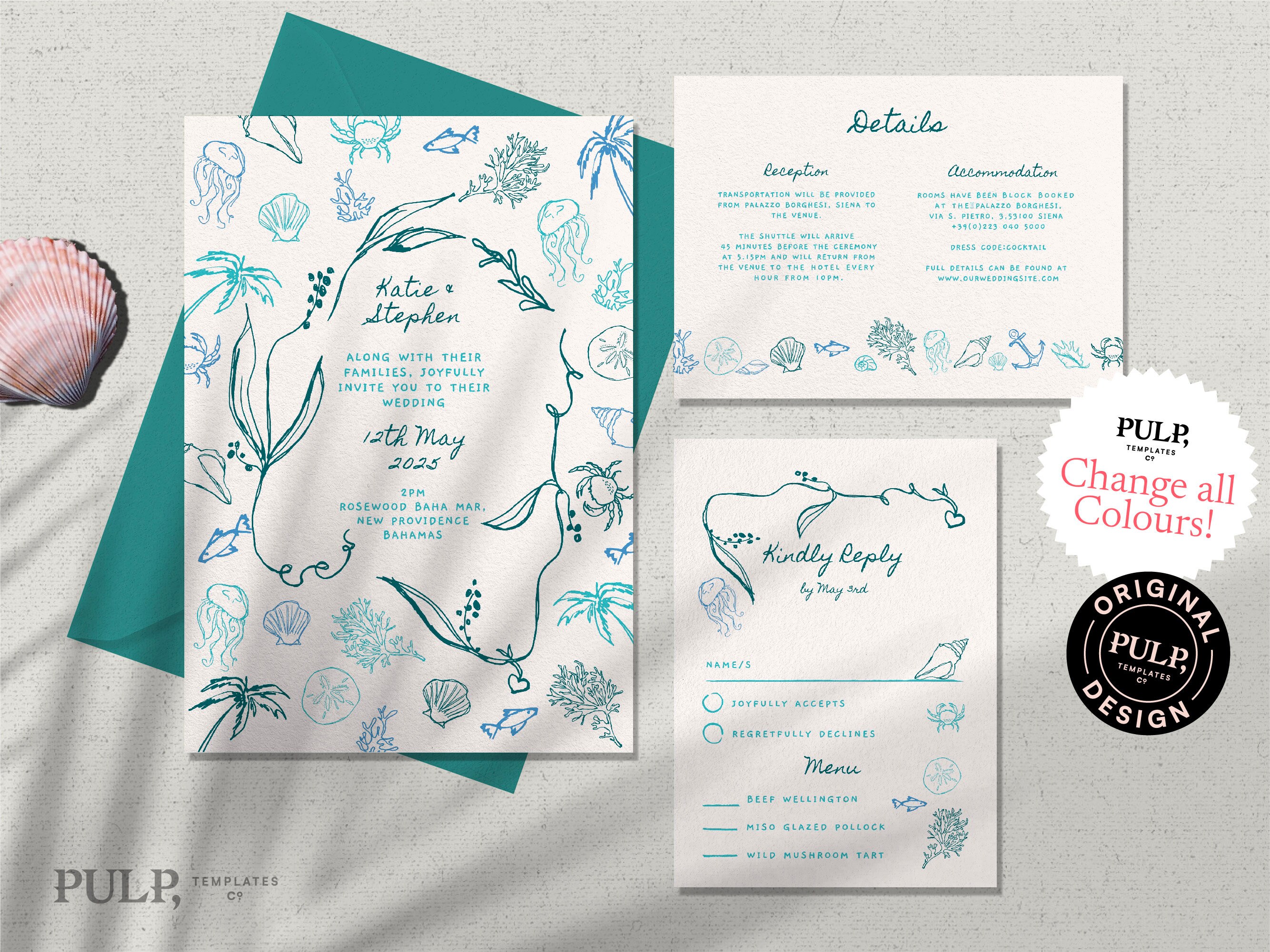 Beach Wedding Invitation Template Set | Coastal Destination Design | Colorful Hand-Drawn Illustrations | Handwritten Style | 0045