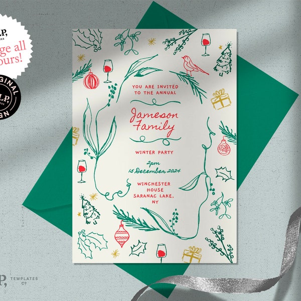 HOLIDAY PARTY INVITE template | hand drawn, whimsical winter Christmas illustrations | 0036