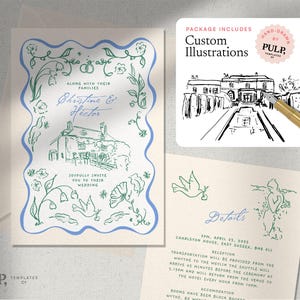 Semi individuelle Hochzeit einladen | x2 Benutzerdefinierte Hand gezeichnete Illustrationen - doppelseitige Vorlage inklusive | Elegante Wildblumen Hochzeitseinladung (0046)