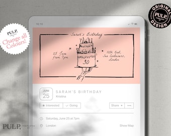 May include: A digital invitation for Sarah's 30th birthday party. The invitation features a hand-drawn illustration of a birthday cake with candles and the text "Sarah's Birthday" and "June 25 from 7pm". The invitation also includes the location of the party: "12th Knot, Sea Containers, London".