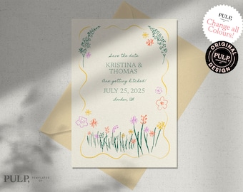 May include: Save the date card with a green, yellow, and pink floral design. The text reads "Save the date, Kristina & Thomas, Are getting hitched! July 25, 2025, London, UK."