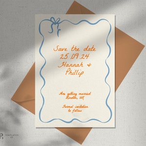 SAVE THE DATE | retro 50s scallop wavy edge wedding invite with ribbon bow | handwritten style | digital editable template invitation | 0015