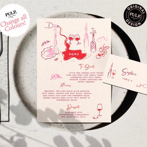 MENU + PLAATSKAART-sjabloon | | Leuk kleurrijk | Handgetekende en handgeschreven doodle geïllustreerde voedsel grillige bruiloft | Dronken in liefde | 0035