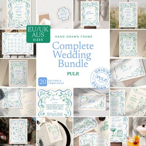 May include: A collection of 20 editable wedding templates featuring hand-drawn floral frames in blue and green. The templates include a seating chart, RSVP card, menu, and more. The text "Complete Wedding Bundle" is displayed in blue and white.