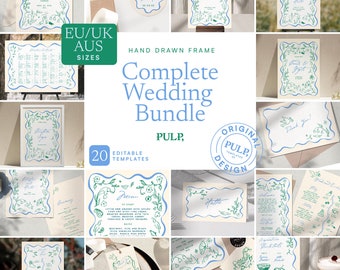 COMPLETE WEDDING BUNDLE templates **A sizes (cm) only** | Hand drawn & Handwritten illustrated Whimsical Signage | Wavy Scallop | 0046