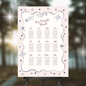PLANTILLA DE DISPOSICIÓN DE ASIENTOS / Boda con temática celestial y astral / Ilustraciones dibujadas a mano, estrellas, luna y sol / 0062