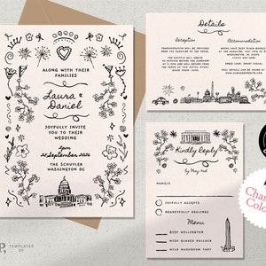 HOCHZEIT EINLADUNG SET Vorlage | Washington D.C. Hochzeit | handgezeichnete Illustrationen | handgeschrieben | 0033